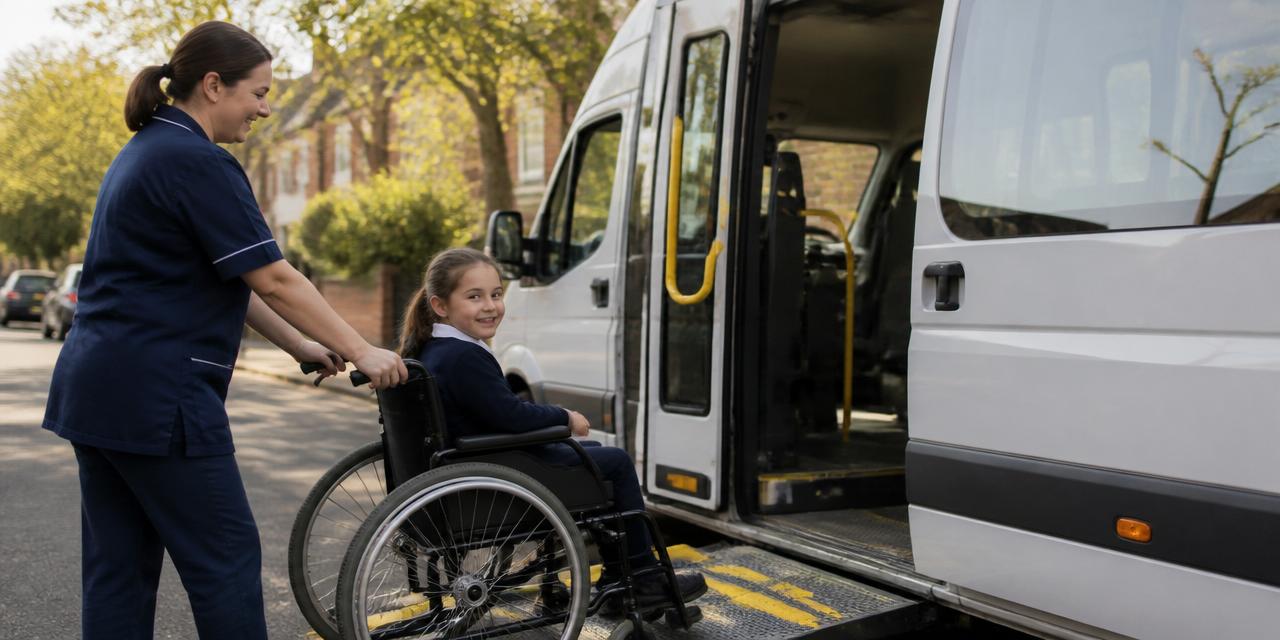 A trained care worker helping a child in a wheelchair board a specialist SEND transport vehicle